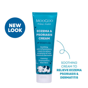 MooGoo Mini Moo Baby and Child Eczema & Psoriasis Cream 120g in white background, Relieves Itchy, Irritated & Inflamed Skin Caused By Mild Eczema, Dermatitis & Mild Psoriasis.