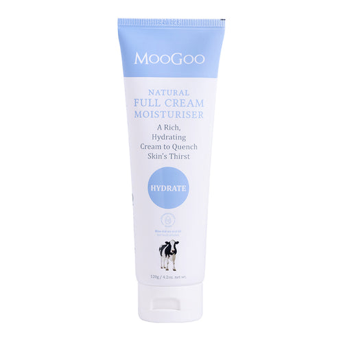 Natural Full Cream Moisturiser by MooGoo shown against plain backdrop, everyday face and body cream to boost elasticity and hydrate sensitive skin