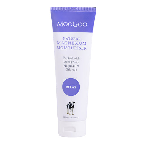 MooGoo Natural Magnesium Moisturiser displayed on clean white background, soothing skin and relieving muscle tension