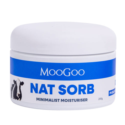 Jar of MooGoo Nat Sorb minimalist moisturiser on a white background, pH balanced natural moisturiser for easily irritated and reactive skin