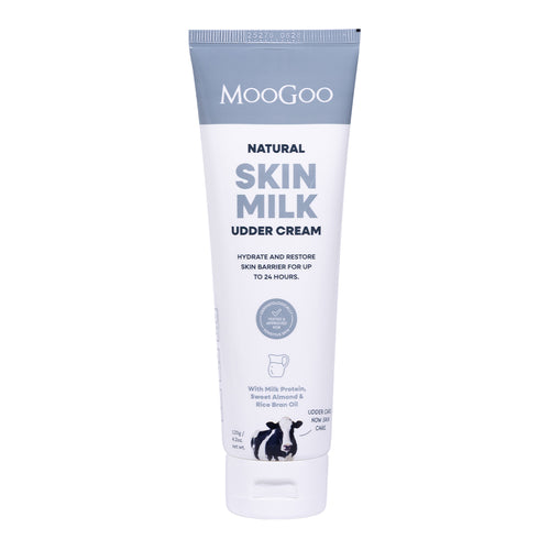 Moogoo Natural Skin Milk Udder Cream 120g tube on a white background. Hydrate and restore skin barrier for up to 24 hours. 