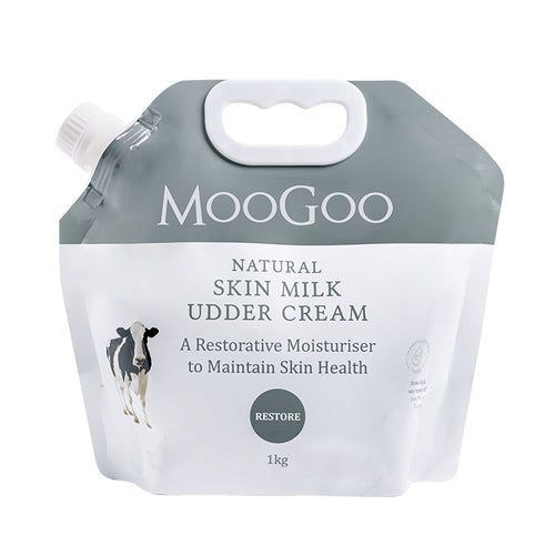 MooGoo Skin Milk Udder Cream 1kg refill on white background, natural moisturiser with almond oil and aloe vera to repair and hydrate all skin
