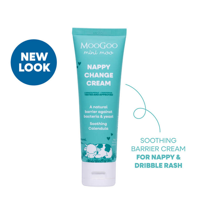 MooGoo Mini Moo Baby & Child Natural Nappy Change Cream on white background, paediatrician approved, calms and protects baby's skin against nappy rash.