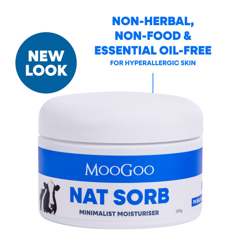 Jar of MooGoo Nat Sorb minimalist moisturiser on a white background, pH balanced natural moisturiser for easily irritated and reactive skin