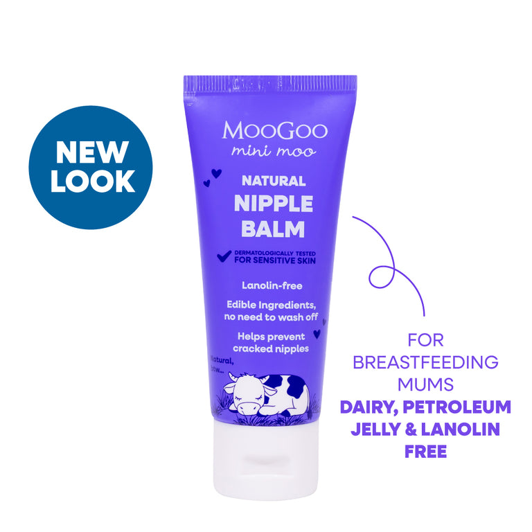 MooGoo Baby & Child Natural Nipple Balm 50g on white background, soothing edible and natural balm for breastfeeding mums to hydrate and protect sensitive skin