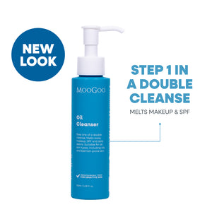 MooGoo Oil Cleanser 100ml bottle, natural oil-based face wash for  dry or breakout-prone skin. Step 1 in a double cleanse, removes makeup and sunscreen without stripping oils. 