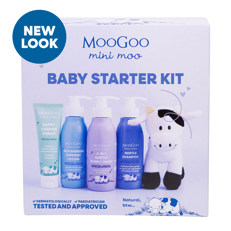 Boxed MooGoo Baby Starter Kit with four natural baby skincare products and cow toy, complete newborn care set for cleansing, moisturising and protection