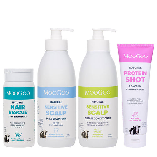 Four MooGoo haircare products from Scalp & Hair Care Set arranged on a white background: a small Hair Rescue Dry Shampoo bottle, a Sensitive Scalp Milk Shampoo pump bottle, a Sensitive Scalp Cream Conditioner pump bottle, and a Protein Shot Leave-In Conditioner squeeze tube.