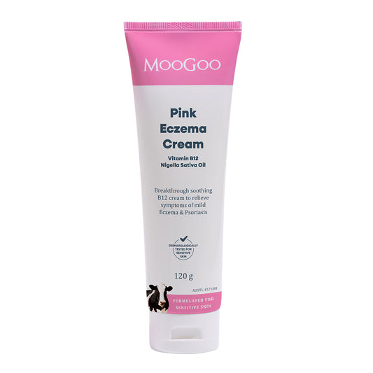 MooGoo Pink Eczema Cream tube on a white background.