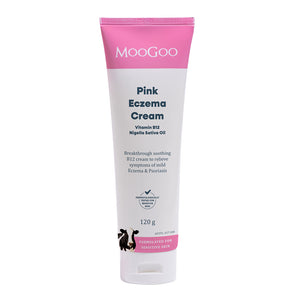 MooGoo Pink Eczema Cream tube on a white background.