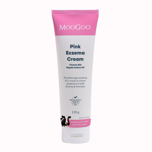 MooGoo Pink Eczema Cream in a 120g squeeze tube, featuring a white body with a bright pink cap and pink accents on the label. With B12 for ongoing eczema flare ups. 