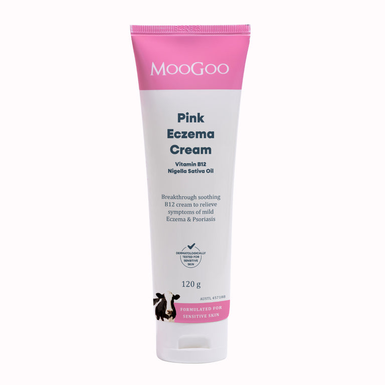 MooGoo Pink Eczema Cream in a 120g squeeze tube, featuring a white body with a bright pink cap and pink accents on the label. With B12 for ongoing eczema flare ups. 