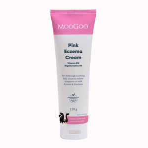 MooGoo Pink Eczema Cream in a 120g squeeze tube, featuring a white body with a bright pink cap and pink accents on the label. With B12 for ongoing eczema flare ups. 