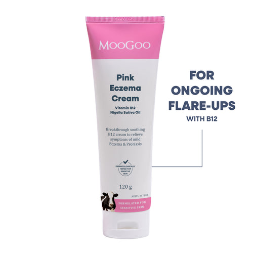 MooGoo Pink Eczema Cream tube on a white background with text reading 'FOR ONGOING FLARE-UPS WITH B12'.