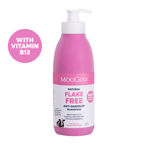 MooGoo natural Pink Flake Free Shampoo against minimal background, gentle SLS-free cleanser to fight dandruff and soothe itchy, flaky scalp