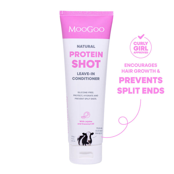 MooGoo Protein Shot Leave-In Conditioner 120g tube on white background, natural silicone-free formula for hair protection, to encourage hair growth and prevent split ends.