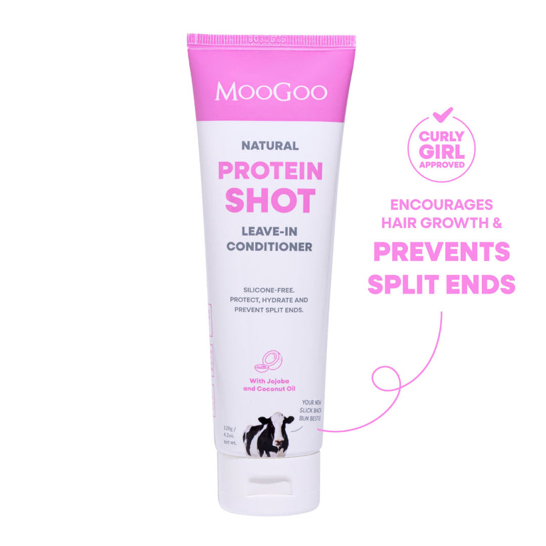 MooGoo Protein Shot Leave-In Conditioner 120g tube on white background, natural silicone-free formula for hair protection, to encourage hair growth and prevent split ends.