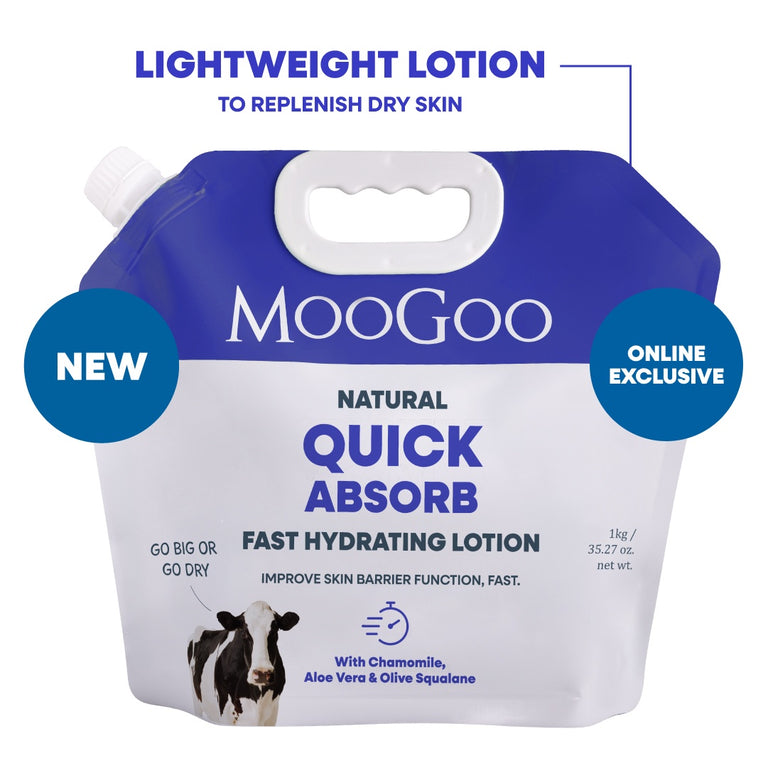MooGoo Natural Quick Absorb Lightweight Lotion in a 1kg blue and white squeeze pouch with a cow illustration on the front, set against a plain white background. Lightweight lotion to replenish dry skin. 