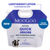 MooGoo Natural Quick Absorb Lightweight Lotion in a 1kg blue and white squeeze pouch with a cow illustration on the front, set against a plain white background. Lightweight lotion to replenish dry skin. 