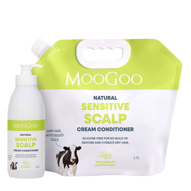 MooGoo Natural Sensitive Scalp Cream Conditioner set, featuring a 2.5L lime green and white refill pouch next to a 250ml white pump bottle with a matching label, on a white background. Scalp friendly silicone free hair care for dry damaged hair. 