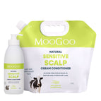 MooGoo Natural Sensitive Scalp Cream Conditioner set, featuring a 2.5L lime green and white refill pouch next to a 250ml white pump bottle with a matching label, on a white background. Scalp friendly silicone free hair care for dry damaged hair. 