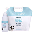 MooGoo Natural Sensitive Skin Milk Wash set, featuring a 2.5L refill pouch and a 500ml pump bottle, both in white and light blue packaging with a cow graphic. Low-irritant cleanser for face and body, paraben, soap and SLS free. 