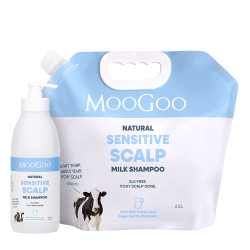 MooGoo Natural Sensitive Scalp Milk Shampoo set, featuring a 2.5L refill pouch and a 500ml pump bottle, both in white and light blue packaging with a cow illustration. Natural scalp-friendly shampoo bundle.