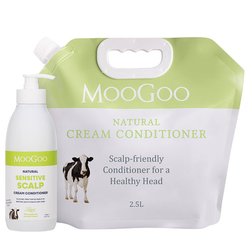 MooGoo Natural Cream Conditioner 2.5L refill with Sensitive Scalp Cream Conditioner 500ml, scalp friendly silicone free hair care for dry damaged hai