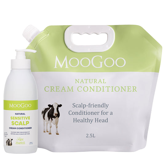 MooGoo Natural Cream Conditioner 2.5L refill with Sensitive Scalp Cream Conditioner 500ml, scalp friendly silicone free hair care for dry damaged hai