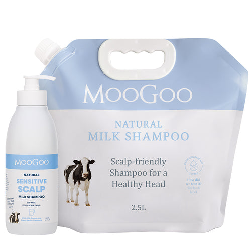 MooGoo Milk Shampoo 500ml with 2.5L refill pouch on clean white background, natural scalp-friendly shampoo bundle