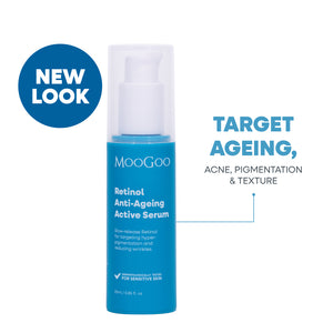 MooGoo Retinol Anti-Ageing Active Serum 25ml bottle with text highlighting slow-release Vitamin A for targeting fine lines, acne and uneven skin tone. 