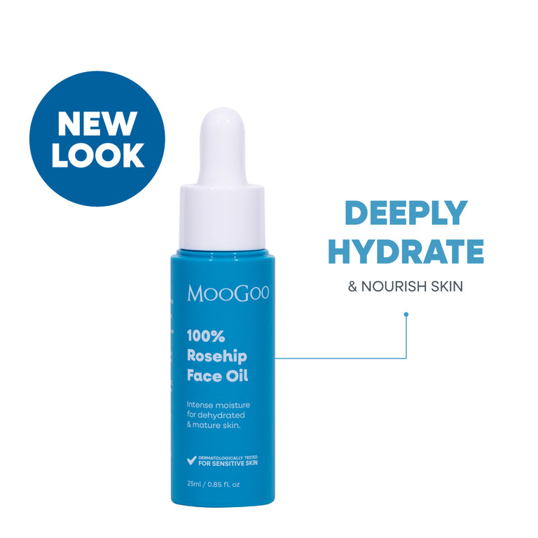 MooGoo 100% Rosehip Face Oil in a bright blue dropper bottle, shown on a white background. Deeply hydrates & nourishes mature skin.