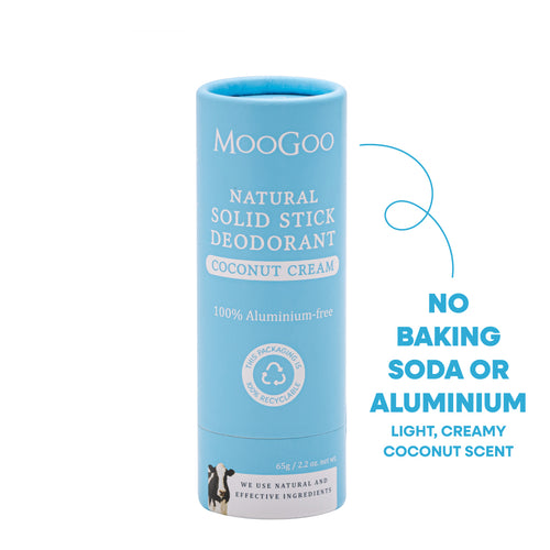 MooGoo Natural Solid Stick Deodorant in Coconut Cream scent, shown in its light blue cylindrical packaging on a white background, natural and aluminium free deodorant for sensitive skin and odour control.
