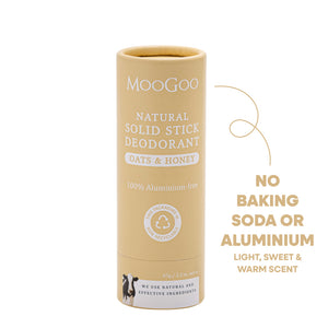 MooGoo Natural Solid Stick Deodorant in Oats & Honey scent, shown in its beige cardboard packaging tube on a white background, aluminium free, natural odour control.