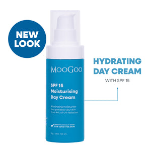 MooGoo Hydrating Day Cream SPF 15 in a blue and white pump bottle, shown on a white background . Hydrating face cream with zinc oxide, niacinamide and antioxidants to protect against UV damage.