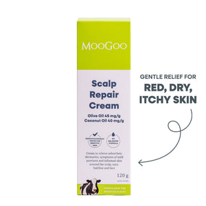 MooGoo Scalp Repair Cream on white background, Olive Oil and Coconut Oil formula for seborrheic dermatitis and psoriasis