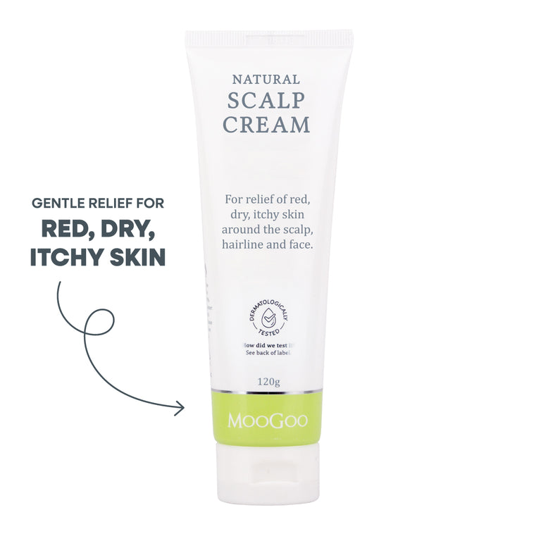 MooGoo Scalp Repair Cream on white background, Olive Oil and Coconut Oil formula for seborrheic dermatitis and psoriasis