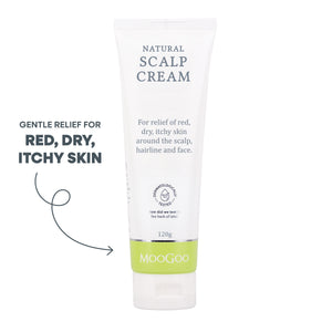 MooGoo Scalp Repair Cream on white background, Olive Oil and Coconut Oil formula for seborrheic dermatitis and psoriasis
