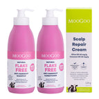 MooGoo Scalp Repair Pack on white background, including natural pink shampoo, pink conditioner and scalp cream for dandruff and seborrheic dermatitis, gentle on sensitive scalps