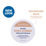 MooGoo Natural Shea Sorbet Vanilla Butter Balm 50g on white background, natural butter balm for dry, chapped and cracked skin. With Hemp, Shea and Oils.