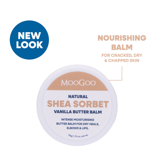 MooGoo Natural Shea Sorbet Vanilla Butter Balm 50g on white background, natural butter balm for dry, chapped and cracked skin. With Hemp, Shea and Oils.