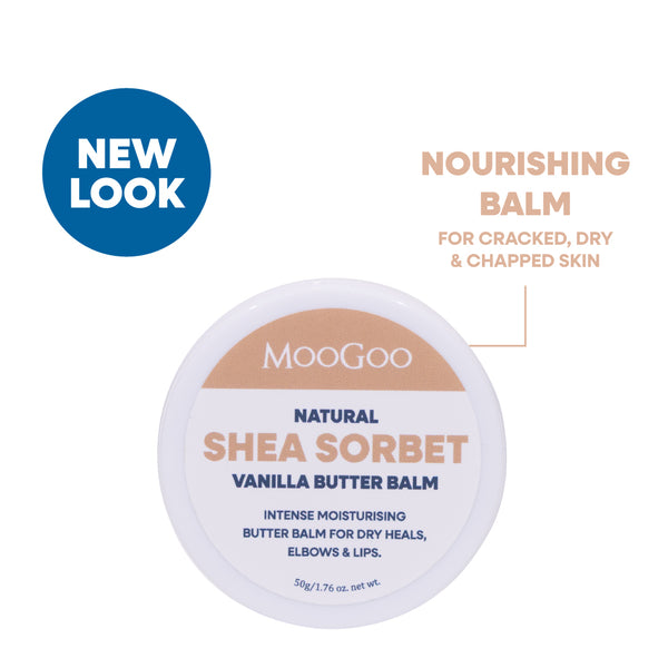 MooGoo Natural Shea Sorbet Vanilla Butter Balm 50g on white background, natural butter balm for dry, chapped and cracked skin. With Hemp, Shea and Oils.