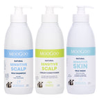 Three MooGoo Natural Sensitive Hair and Skin Care products on a white background: Milk Shampoo with a blue label, Cream Conditioner with a green label, and Milk Wash with a light blue label. 3 steps to complete a natural gentle shower routine. 