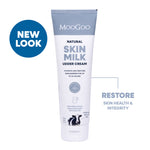 MooGoo Natural Skin Milk Udder Cream 120g tube on a white background. Hydrate and restore skin barrier for up to 24 hours. 