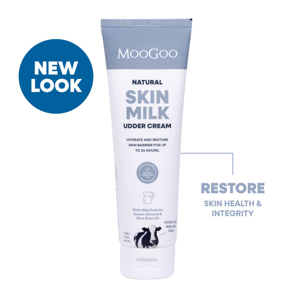 MooGoo Natural Skin Milk Udder Cream 120g tube on a white background. Hydrate and restore skin barrier for up to 24 hours. 