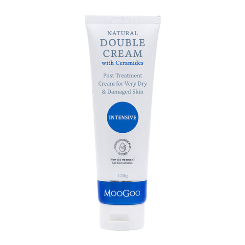 MooGoo Natural Double Cream with Ceramides on white background, intensive moisturiser for very dry and damaged skin with post treatment hydration