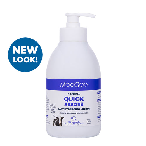 MooGoo Natural Quick Absorb Lotion 500g, lightweight fast absorbing moisturiser with chamomile, aloe vera and olive squalane for sensitive skin, improve barrier function.