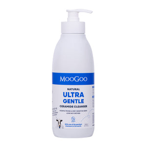 MooGoo Ultra Gentle Ceramide Cleanser on white background, for eczema prone and hypersensitive skin with ceramides to strengthen skin barrier