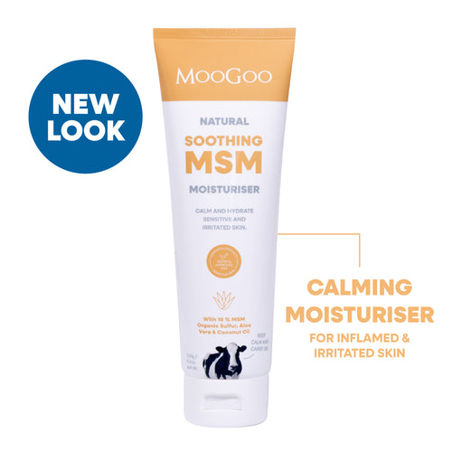 MooGoo Natural Soothing MSM Moisturiser tube on a white background with a blue 'NEW LOOK' badge and descriptive text. Calm and hydrate red, sensitive, irritated and inflamed skin. Ideal for all ages, sun burn and eczema-prone skin.