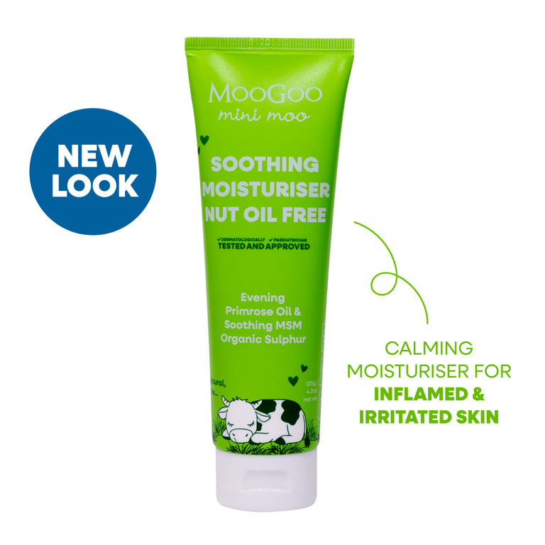 MooGoo Mini Moo Baby & Child Soothing Nut Oil Free Moisturiser on white background, gentle daily lotion for nut-sensitive children and delicate skin care
